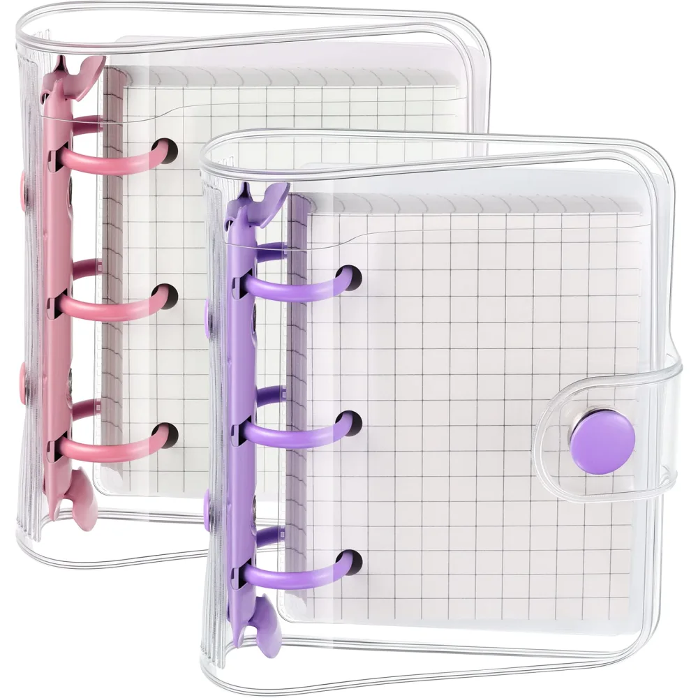 2 Sets Mini Transparent 3 Ring Binder Covers with Mini Binder Inner Paper Pockets Clear Soft PVC Notebook Closure Loose Leaf Folder Round Ring Binder Cover Protector with Snap Button (Pink, Purple)