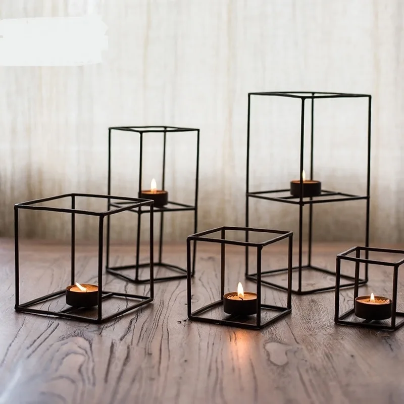 Geometric cube candlestick wrought iron