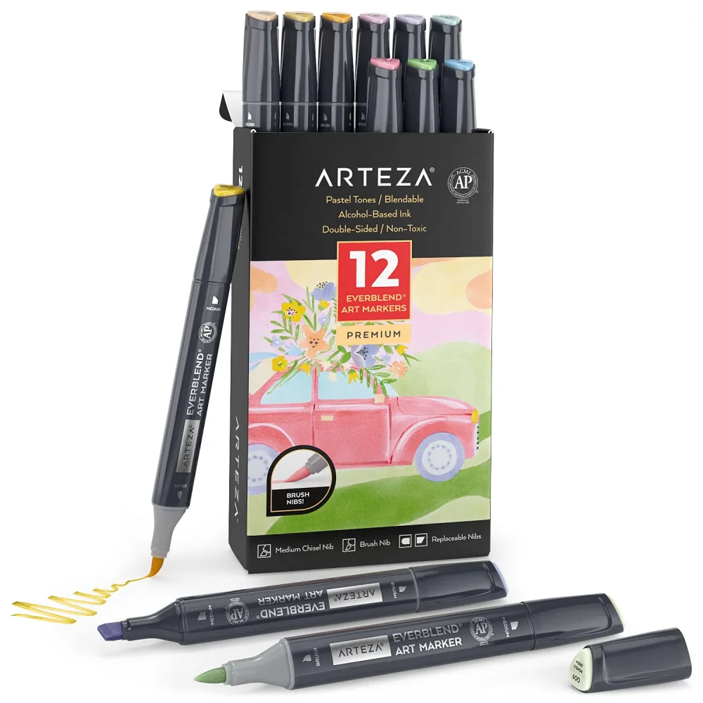 ARTEZA Alcohol Brush Markers Set of 12, EverBlend Pastel Colors, Dual Tip Markers for Drawing and Sketching