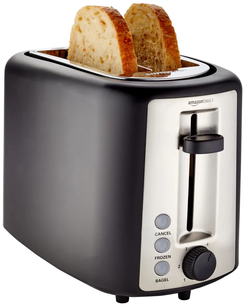 Zinc Basics 2 Slice Extra Wide Slot Toaster with Bagel Function, Removable Crumb Tray, 6 Browning Settings, Frozen Food Setting, Cancel Button, 900W, Black & Silver.