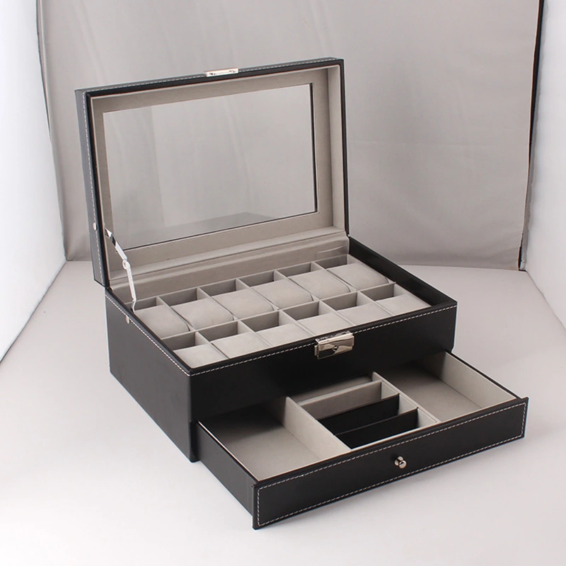 Double-Layer 12-bit Black Pu Leather Watch Box