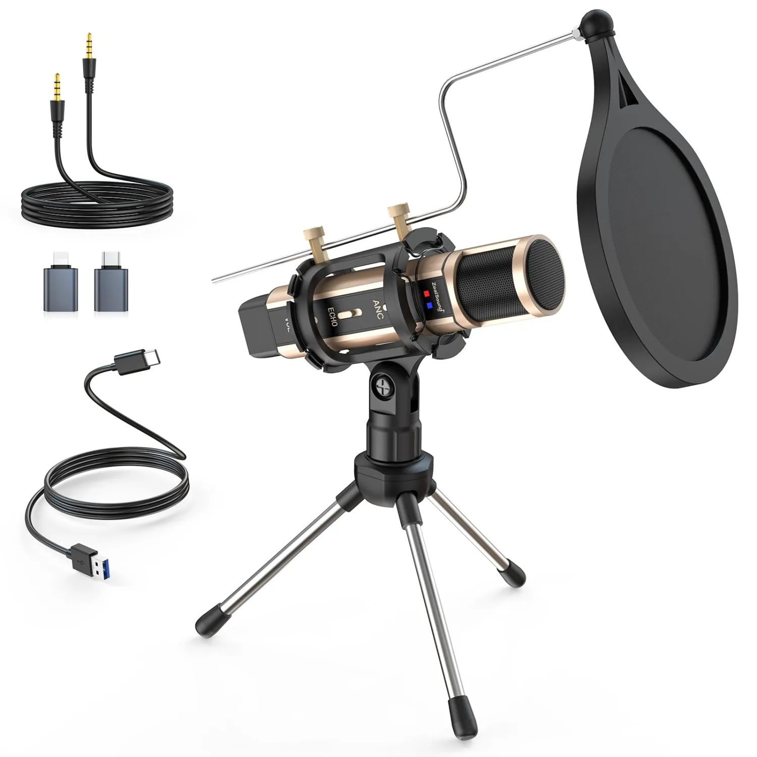 ZealSound Studio Recording Microphone, Condenser Broadcast Microphone w/Stand Built-in Sound Card Echo Recording Karaoke Singing for Phone Computer PC Garageband Smule Live Stream & YouTube (Gold)