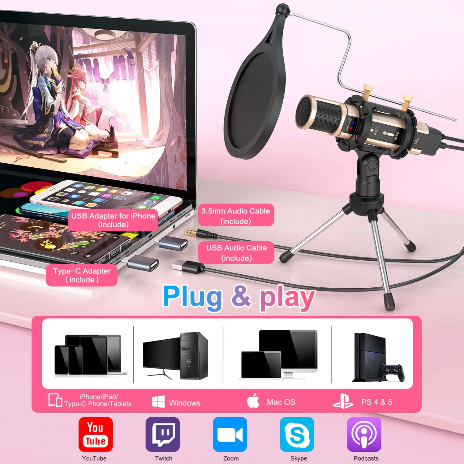 ZealSound Studio Recording Microphone, Condenser Broadcast Microphone w/Stand Built-in Sound Card Echo Recording Karaoke Singing for Phone Computer PC Garageband Smule Live Stream & YouTube (Gold)