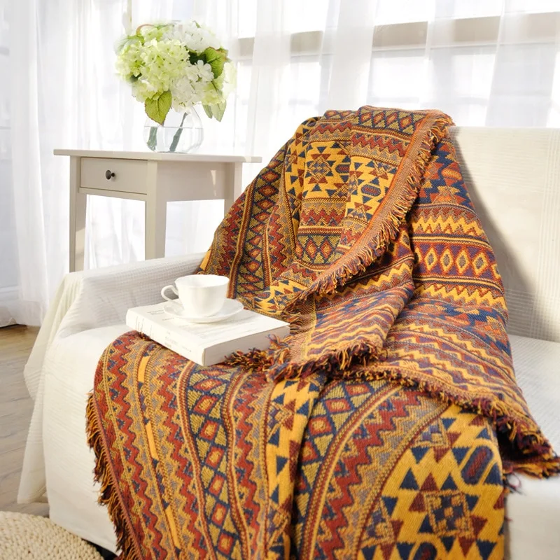 Ethnic Style Yellow Sofa Towel Blanket Geometric Pattern Carpet For Living Room Bedroom Rug Bedspread Dust Cover Tapestry