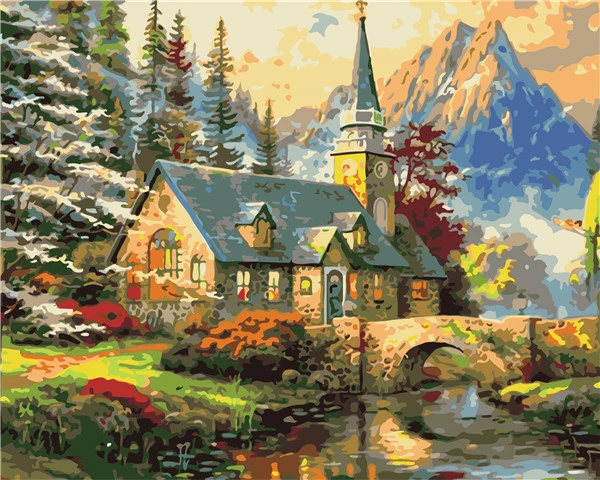 DIY digital oil painting mountain hut landscape