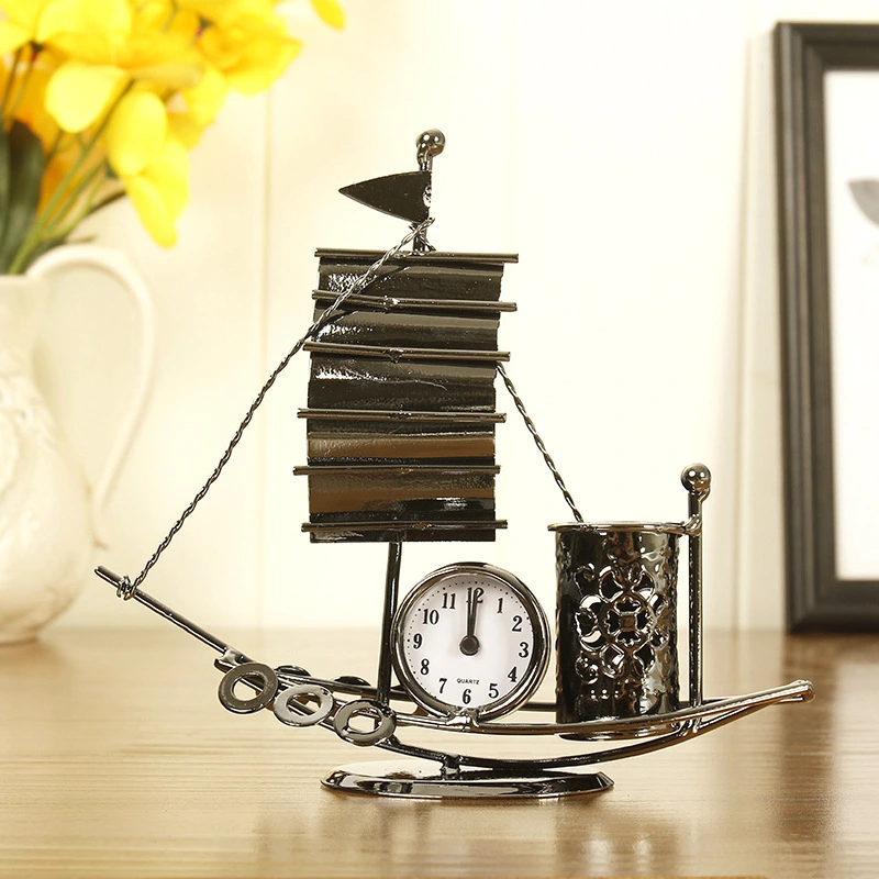 Creative iron clock crafts sailing clock pen holder multifunctional