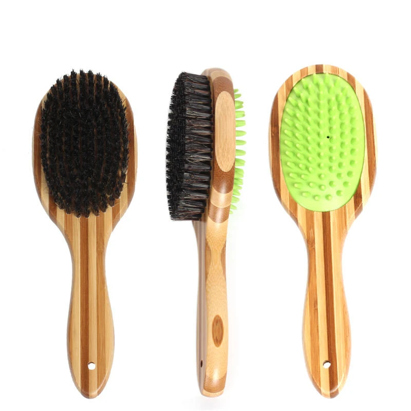 Bamboo handle pig mane pet massage brush