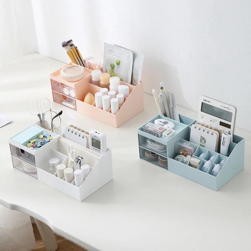 Partitioned cosmetic box with drawer