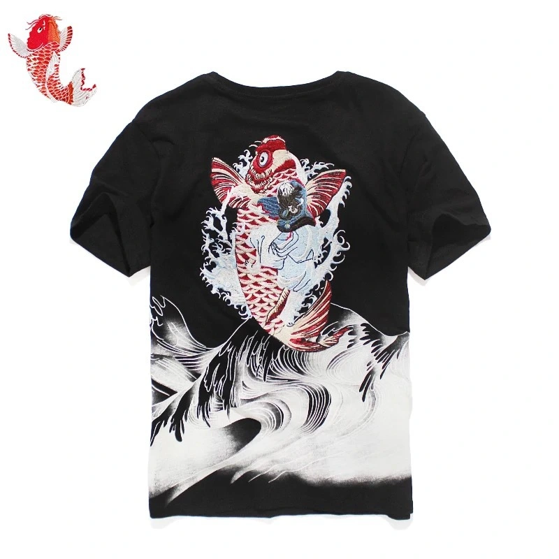 Chinese style embroidered carp dragon tattoo T-shirt short sleeve