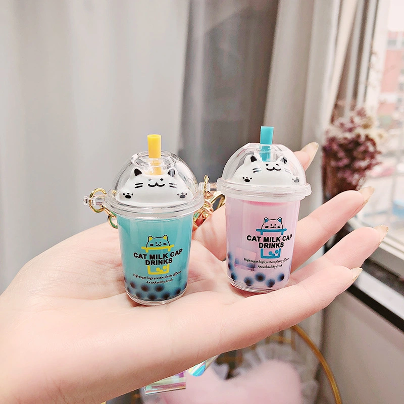 Creative Cute Men And Women Personality Car Cat Milk Tea Keychain Ins Net Red Couple Cartoon Small  Pendant