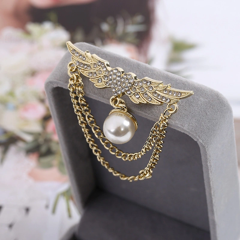 Japanese Cute Wing Brooch Heart-shaped Diamond Double Chain Brooch