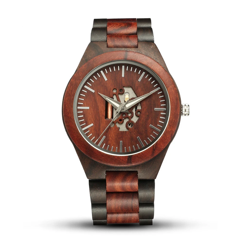 Men's skeleton wooden watch