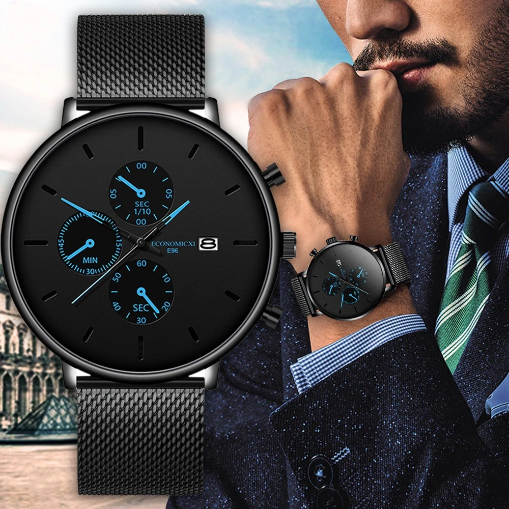 Student male slim concept all black watch