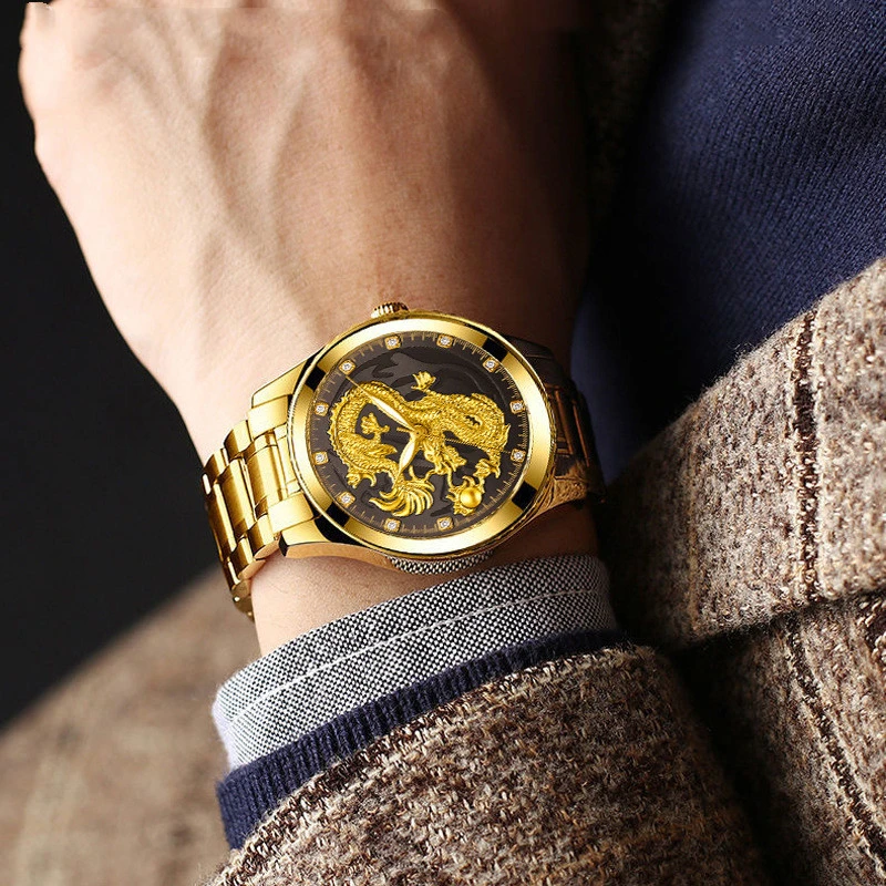 Classic Chinese Style Embossed Golden Dragon Watch