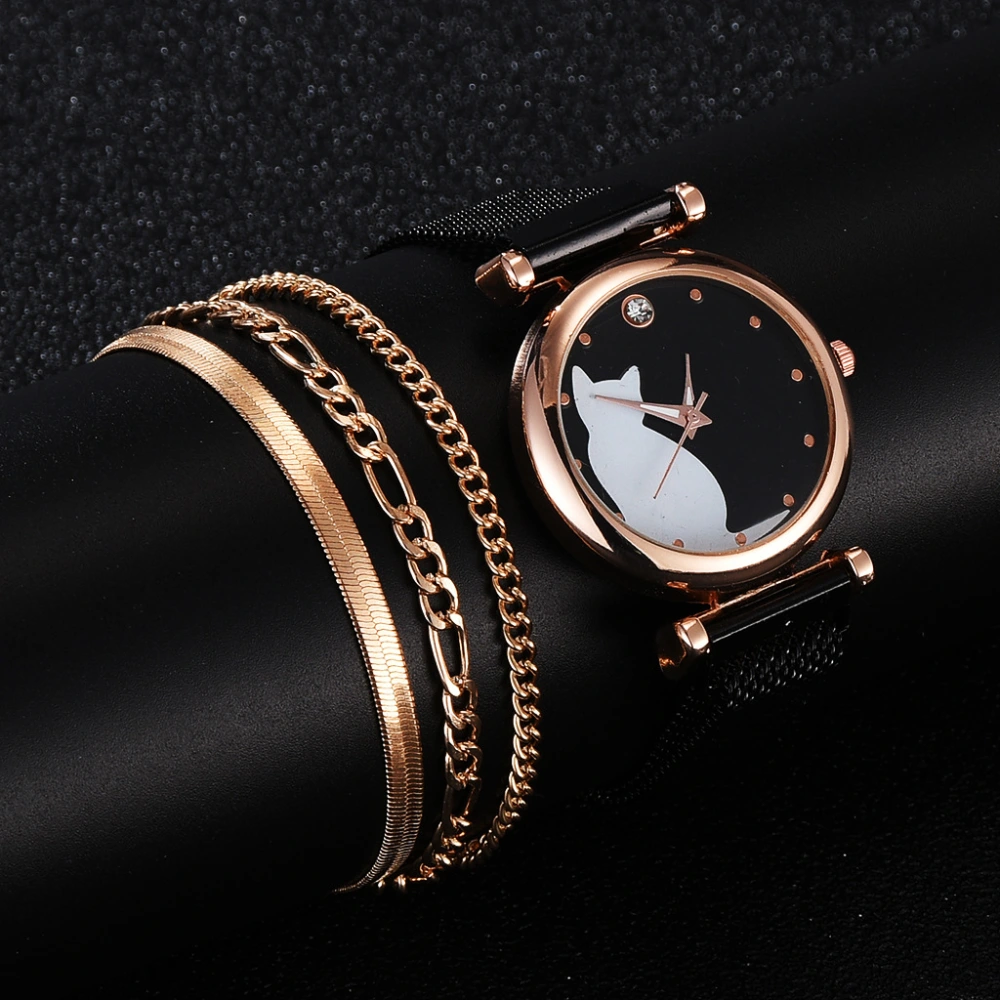 Ladies Cat Quartz Watch Bracelet Set