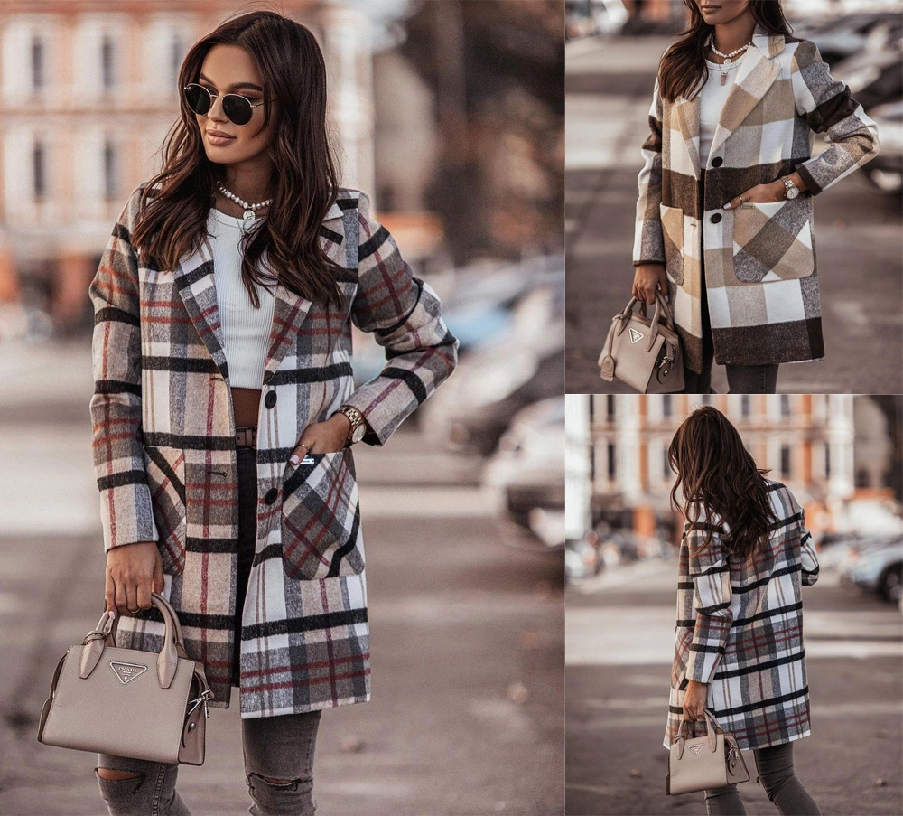 Autumn And Winter Long-sleeved Button Printed Woolen Coat Women's Clothing