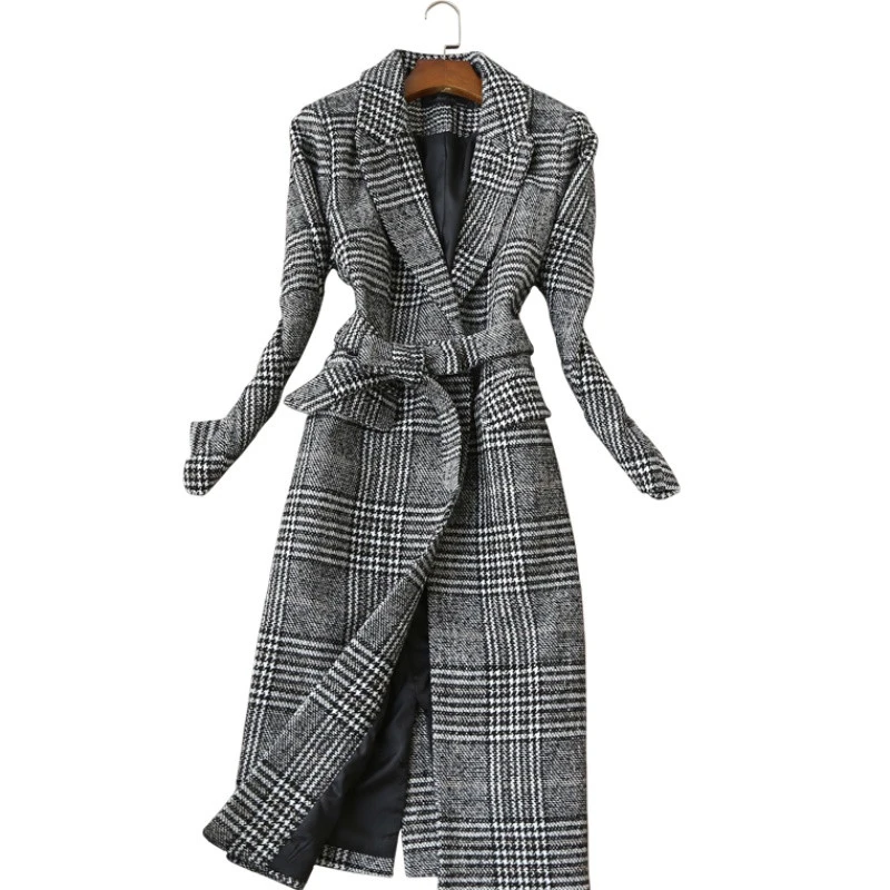 Was Thin Temperament Long Woolen Plaid Coat Woolen Coat
