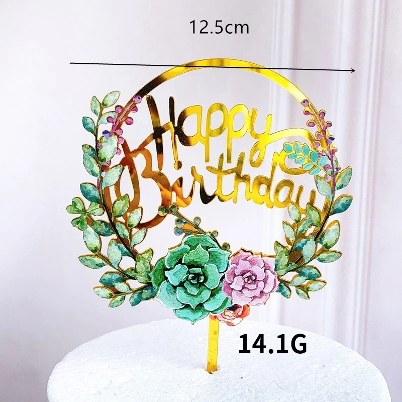 Dark Flowers Acrylic Happy Birthday Baking Cake Decoration