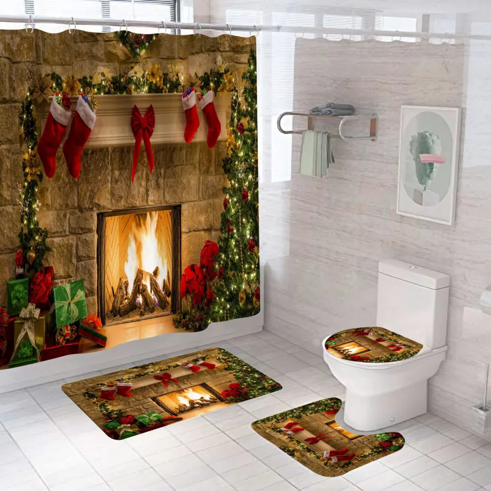 Christmas fireplace shower curtain