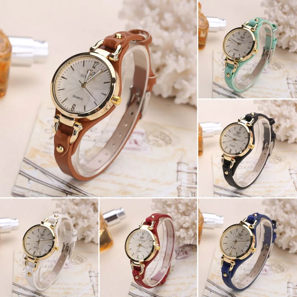 Quartz watch ladies  leather strap solid color