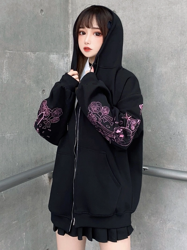 Cute Soft Girl College Style Embroidery Japanese Girl Loose Hooded Sweater Cardigan Jacket