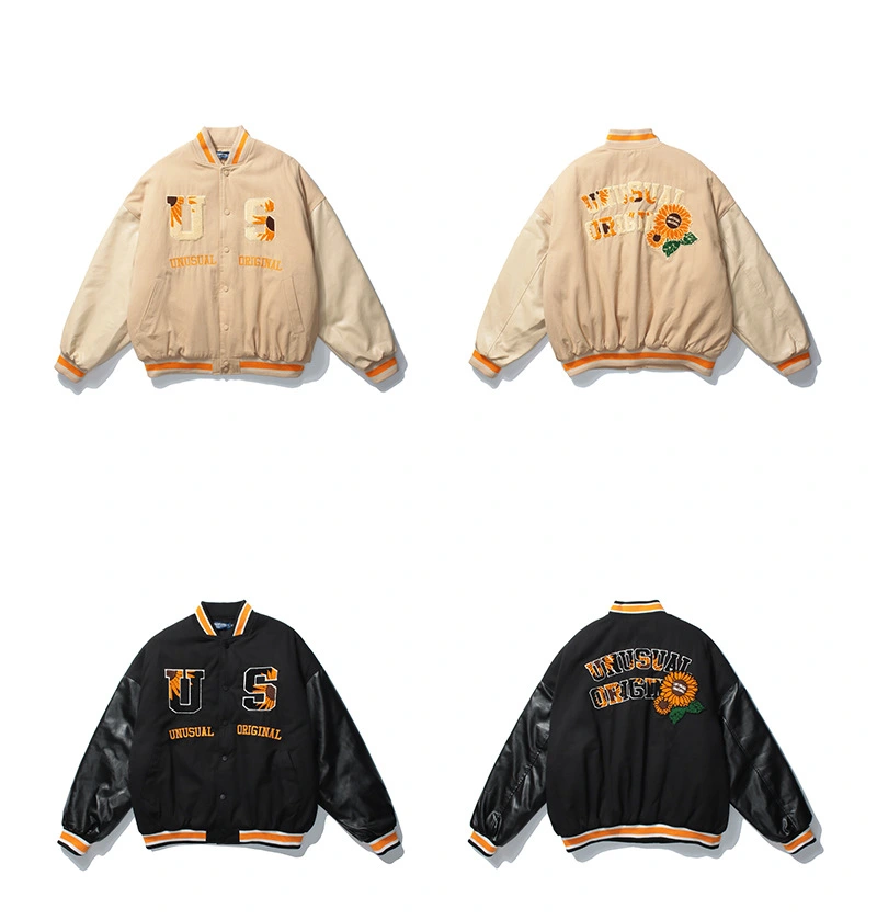 Trendy daisy stitching PU leather sleeve baseball uniform