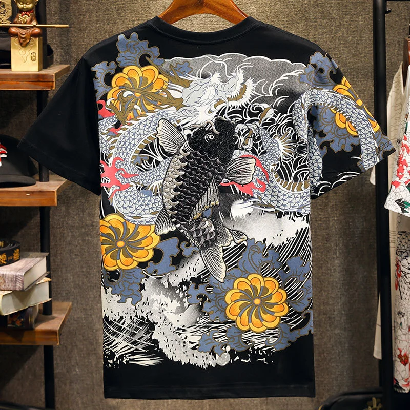 Embroidered carp full back dragon tattoo T-shirt