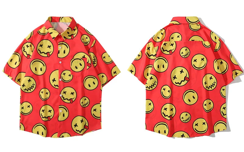 Cartoon Full Print Smiley Face Pattern Short-sleeved Shirt