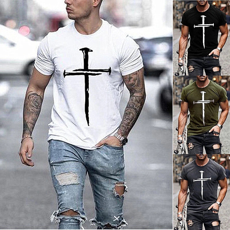 Men's Cross Print Crew Neck Casual Sports T Shirt