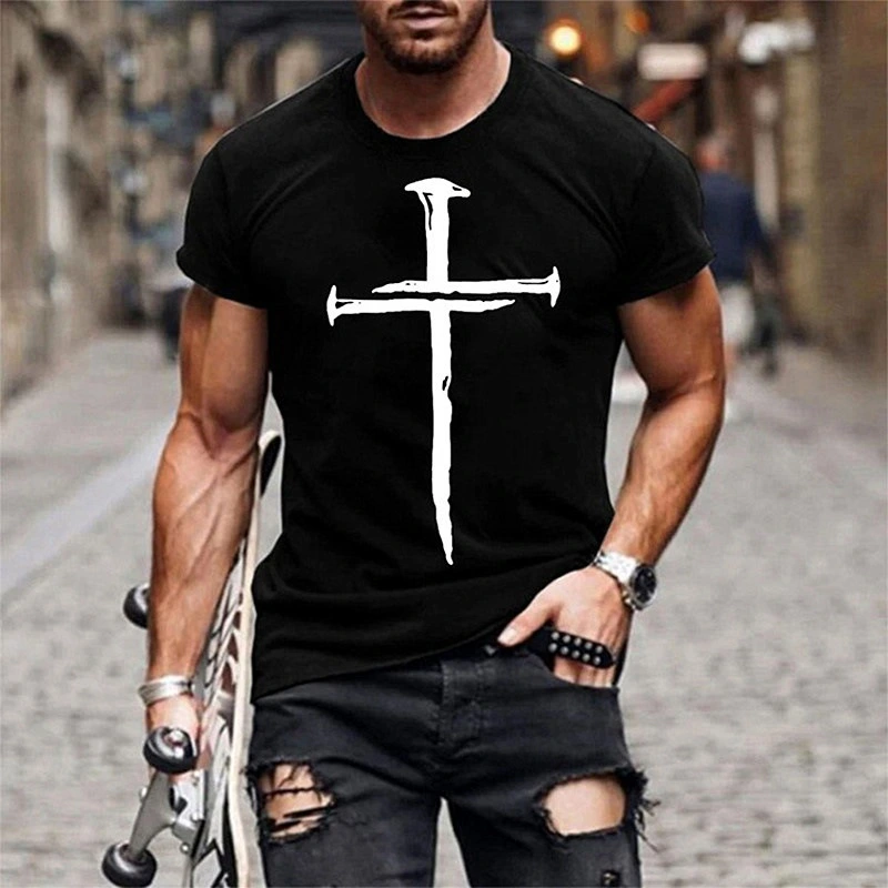Men's Cross Print Crew Neck Casual Sports T Shirt