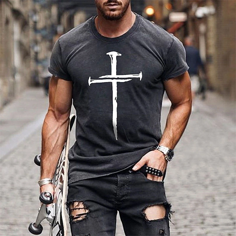 Men's Cross Print Crew Neck Casual Sports T Shirt