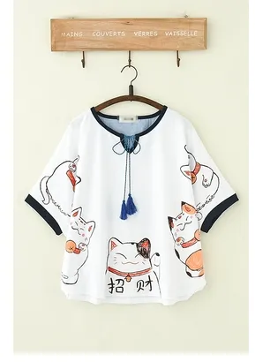 Harajuku Style T Cat Print Short-sleeved T-shirt Student Girl Soft Cute Girl Loose Cloak Shawl