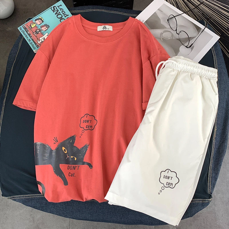 Summer Casual Shorts Short Sleeved Suit Male Loose Cat Two Piece Suit