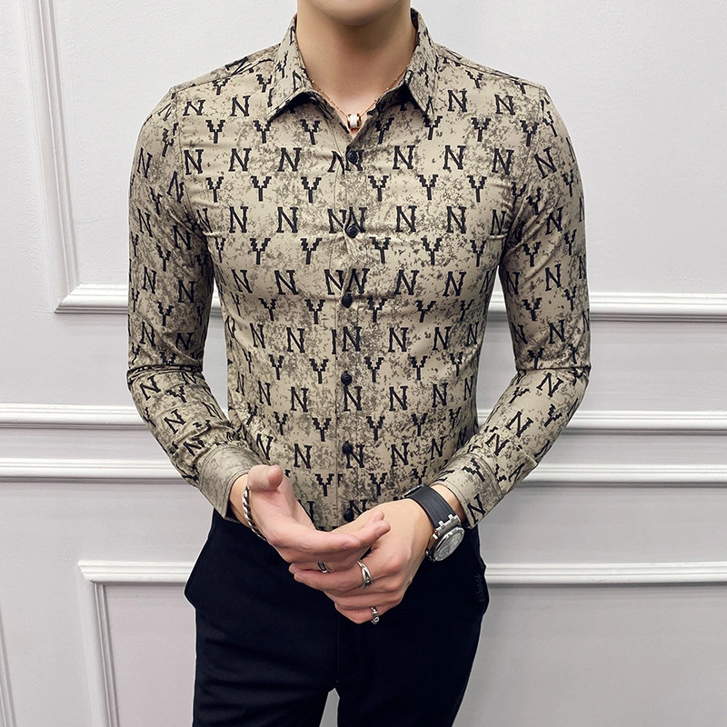 Printed plus size slim long-sleeved shirt