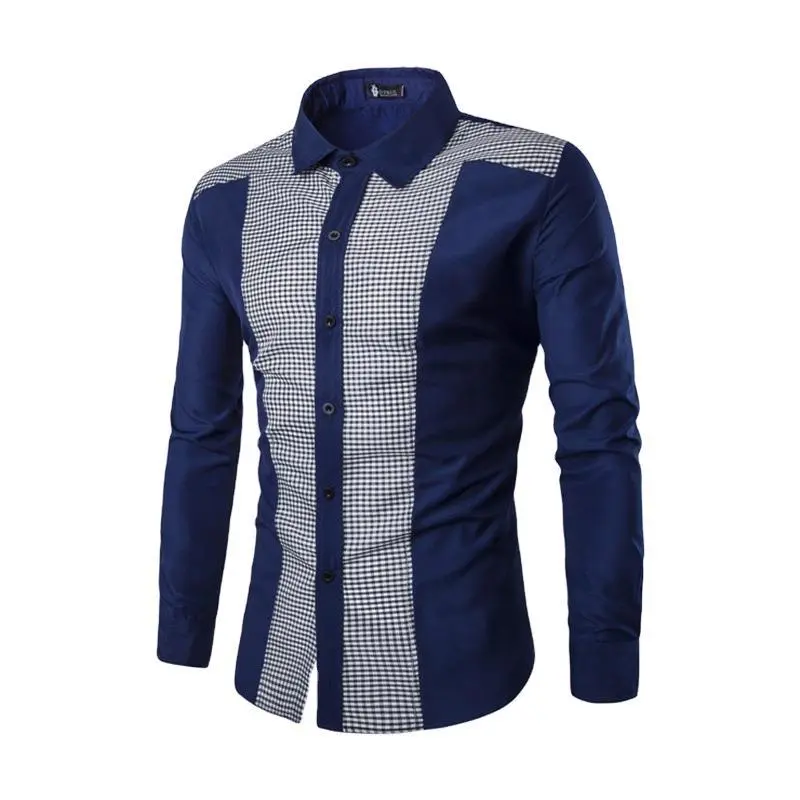 Men's casual small checkered stitching shirt