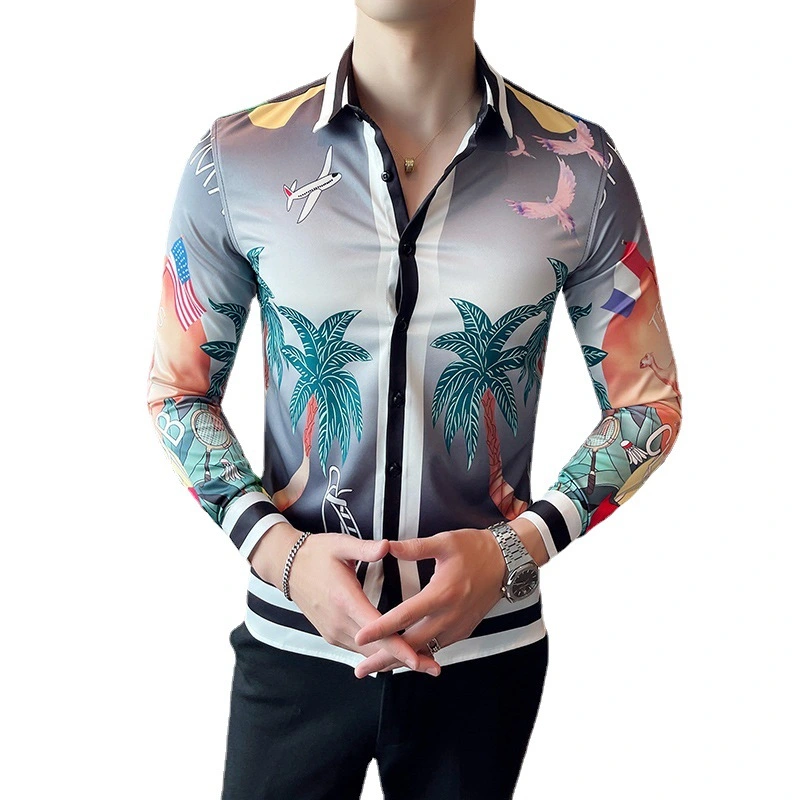 Men Digital Printed Thin Long Sleeve Lapel Collar White Shirt