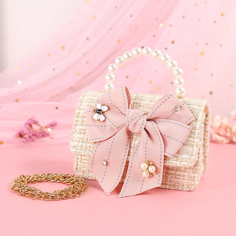 Fashionable Diamond Water Drop Big Bow Knot Portable Pearl Diagonal Children's Bag