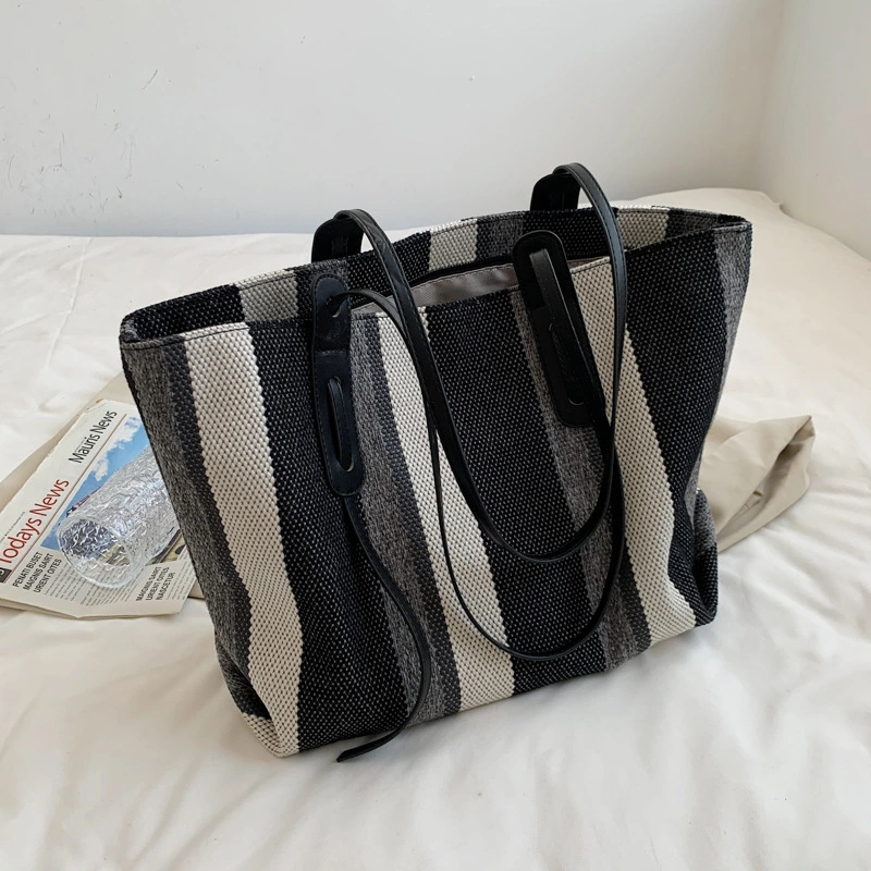 Korean Version Of Simple Canvas Portable Briefcase Female Large-capacity Shopping Bag Business Striped Tote Bag Student Make-up Bag