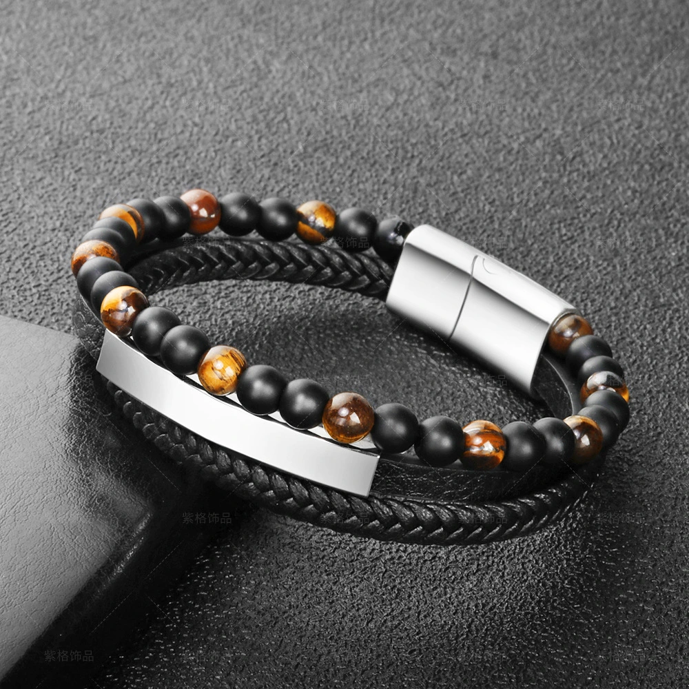 Natural Tiger Eye Stone Bead Bracelet Leather Cord Braided Bracelet