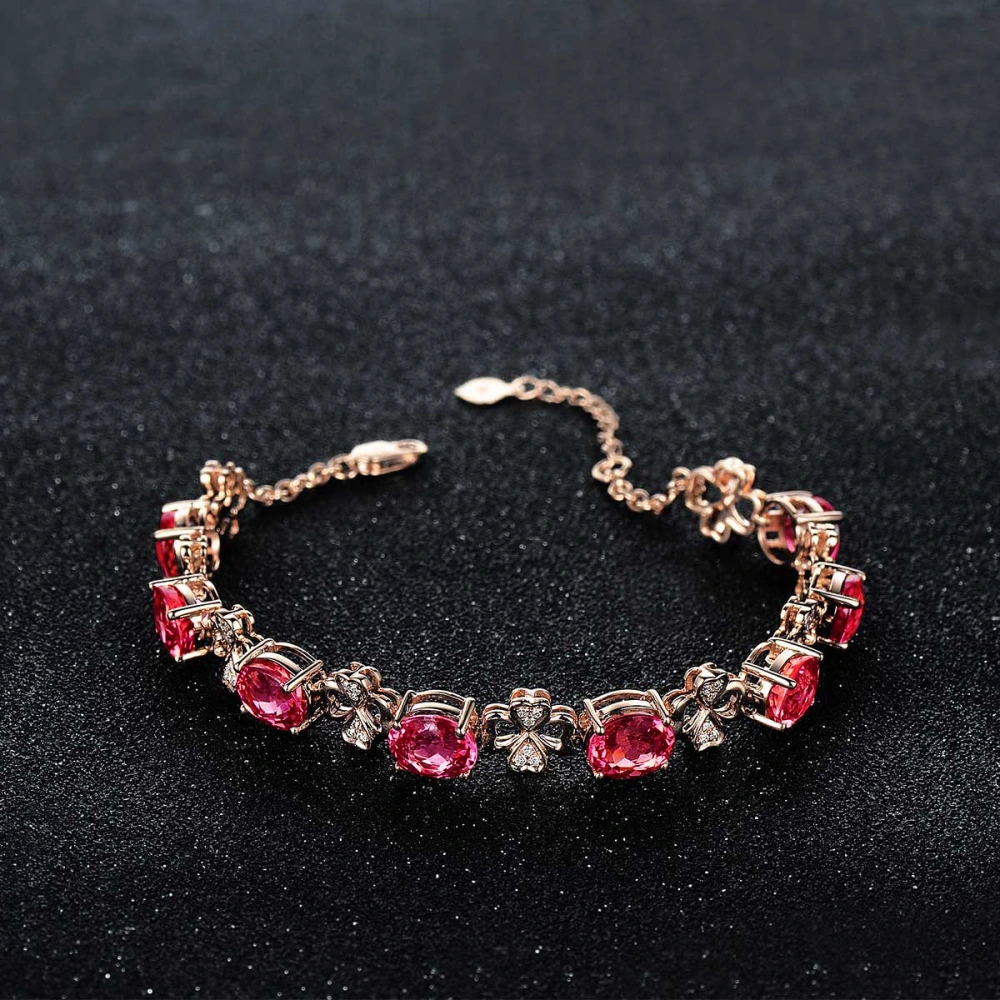 Rose Gold Imitation Natural Rubellite Gemstone Four-Leaf Clover Bracelet