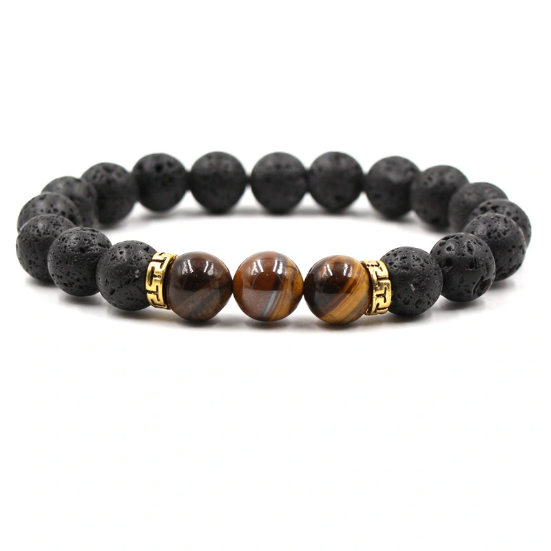 Black Lava Volcanic Stone Three Tiger Eye Stone White Turquoise Elastic Bracelet Gold