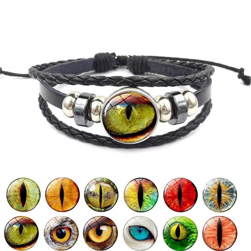 Vintage Animal Eyes Sunny Time Gemstone Bracelet Multilayer Braided Beaded Leather Bracelet