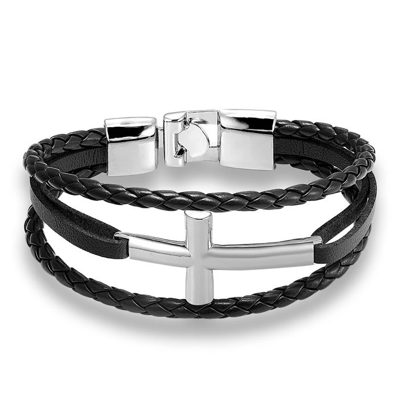 European And American Cowhide Woven Cross Bracelet