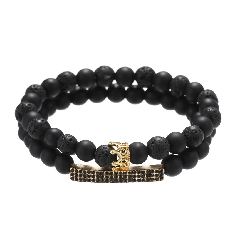 Black Frosted Lava Stone Mixed With Zircon Small Crown Long Strip Suit Bracelet Bracelet Set