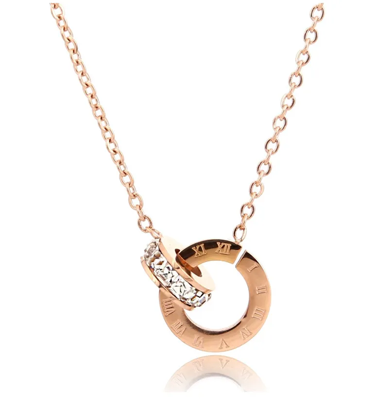 Titanium Steel Plated 18k Rose Gold Roman Double Ring Necklace For Women