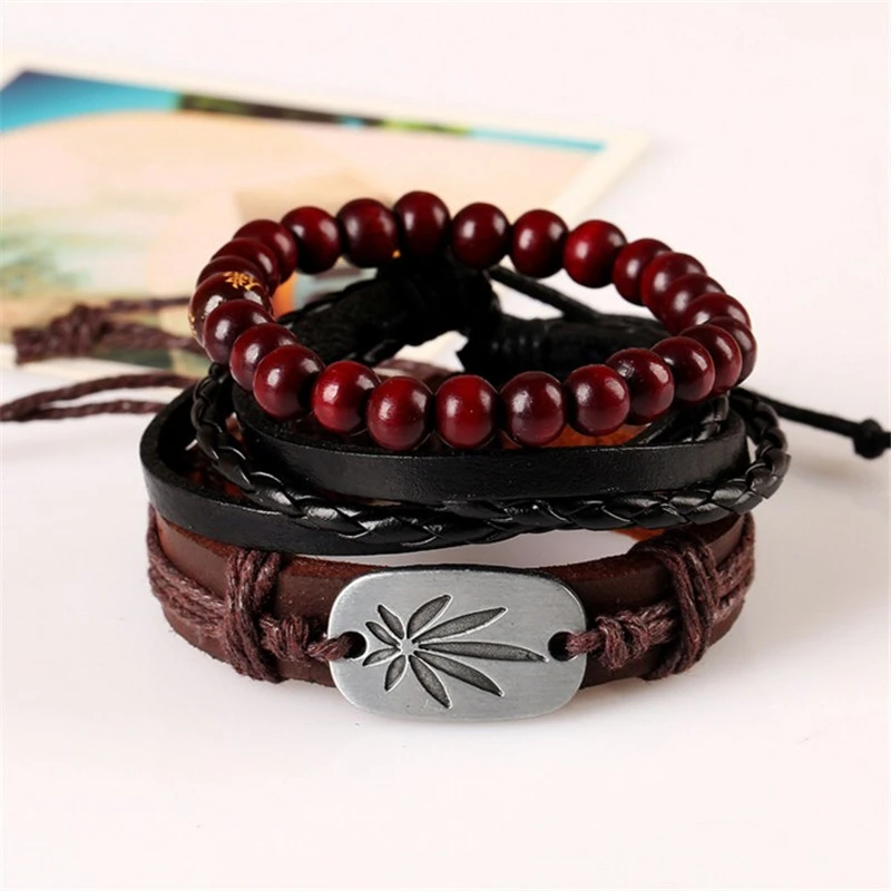 Simple Retro Braided Cowhide Bracelet Alloy Maple Leaf Leather Bracelet Multi-layer Set