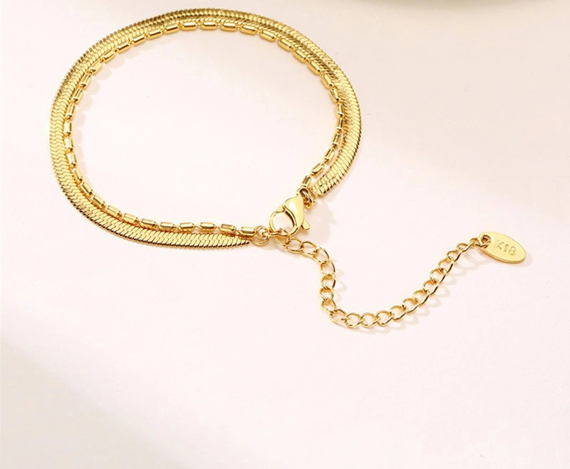 Flat Snake Bead Bracelet Stainless Steel Bamboo Link Double Chain Golden Ladies