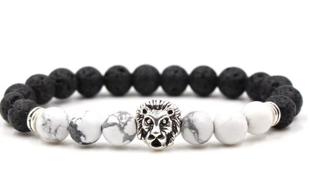 Lion Head 8mm Beaded Bracelet Volcanic Stone