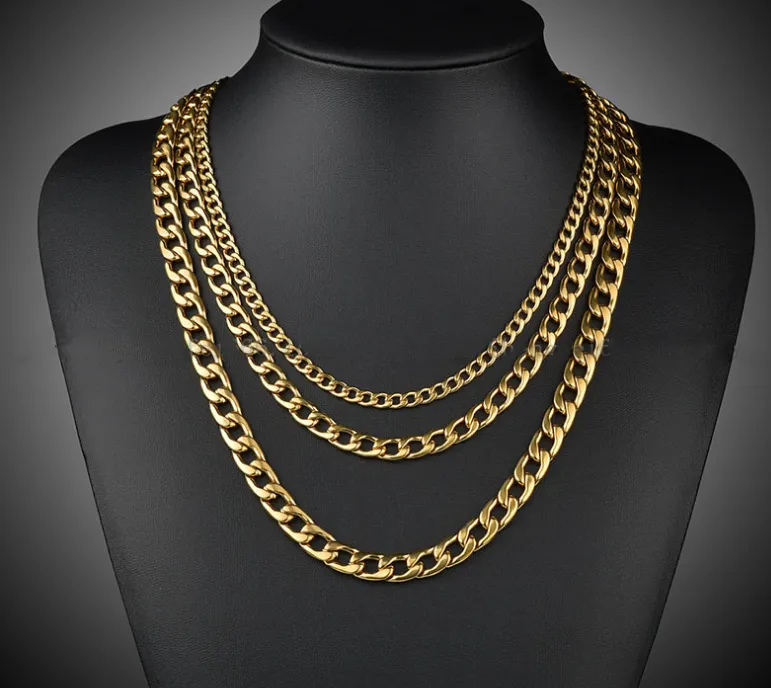 Hip Hop NK Necklace Wide Flat Men's Thick Chain Stainless Steel 18K Gold Plated