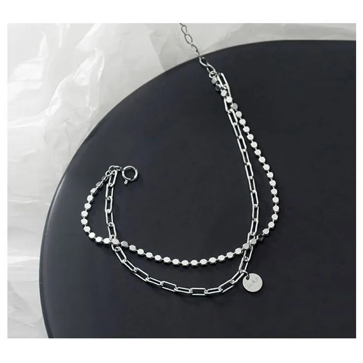 Round Brand Chain Double-Layer Bracelet Silver Simple Design Sense Niche Trend Female Girlfriends Net Celebrity Lucky Bracelet